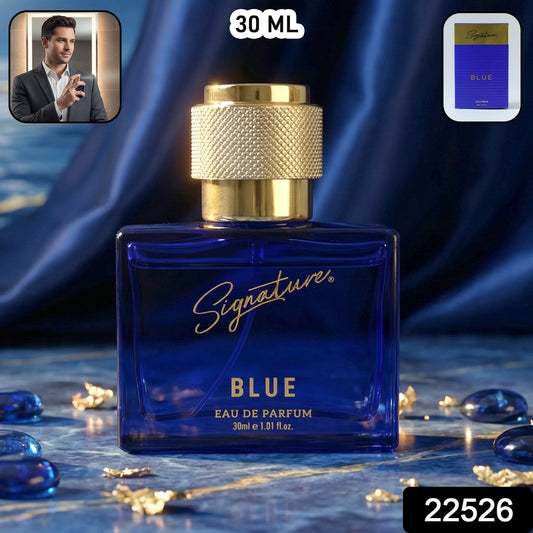 Luxury perfume bottle with textured cap from Signature Blue collection