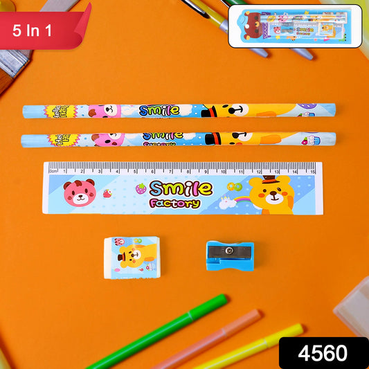 Close-up of a wooden pencil, ruler, and sharpener with playful prints.