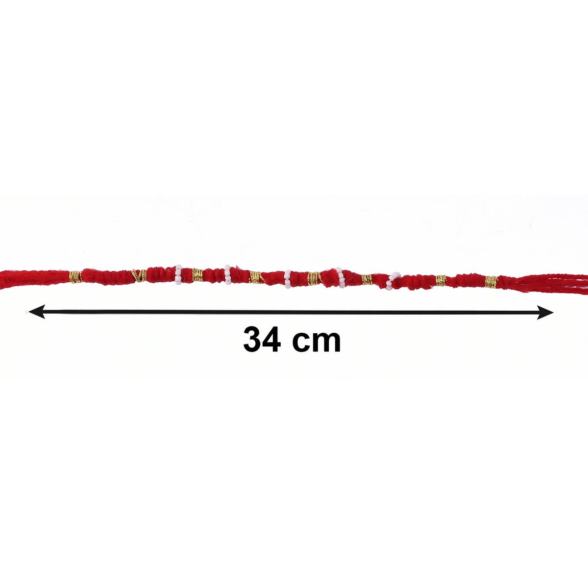 Close-up of red rakhi with beads and pearl accents