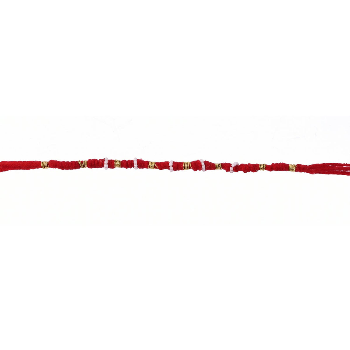 Red mauli rakhi with decorative beads and golden details