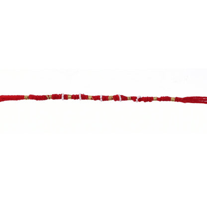 Red mauli rakhi with decorative beads and golden details