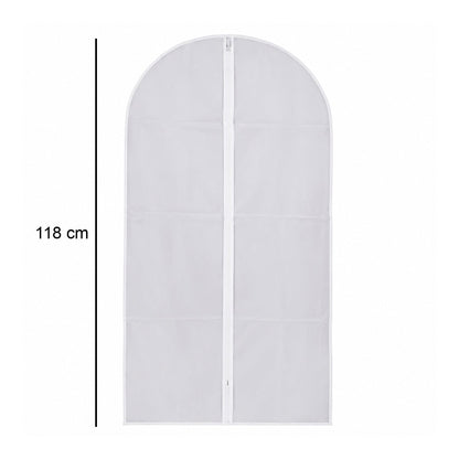Dimensions of suit cover showing 118 cm size for long garments.