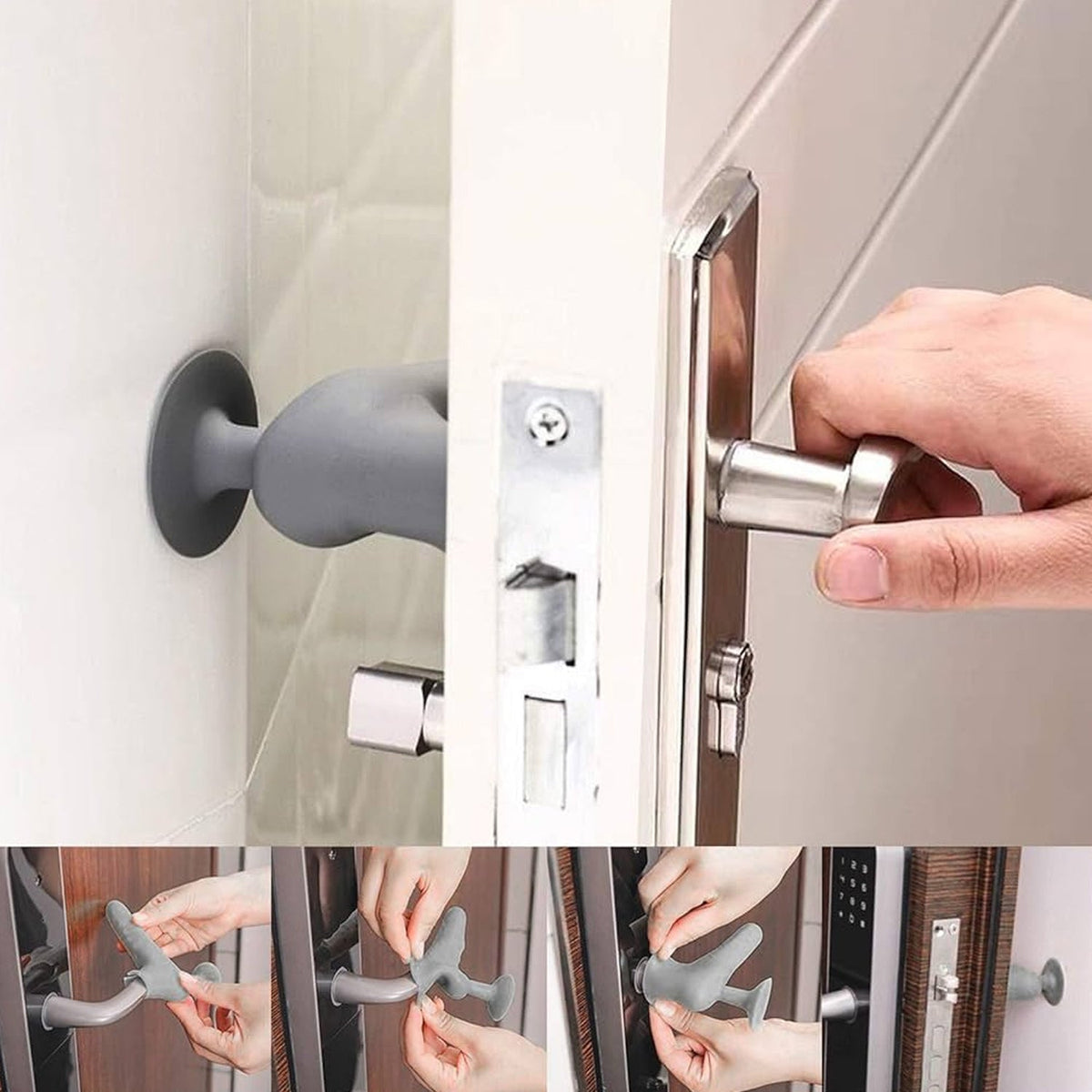 Silicone door handle protector preventing a door handle from hitting the wall.