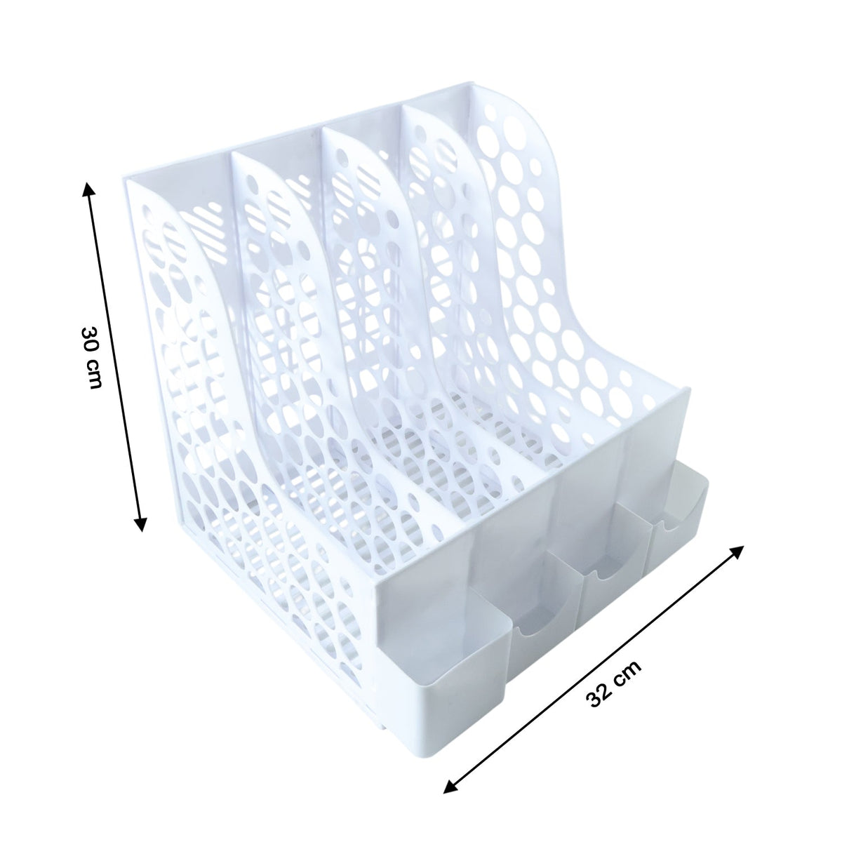 Top view of multipurpose desk organizer showing slots and open-grid design.