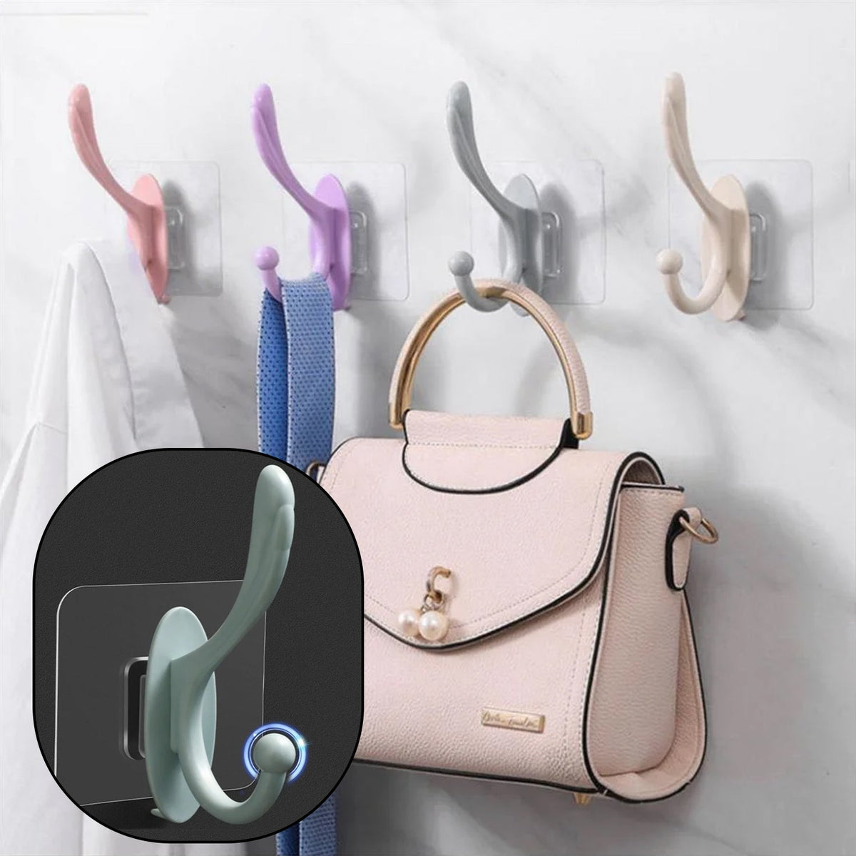 Diagram illustrating the simple, drill-free installation process of the adhesive wall hook.