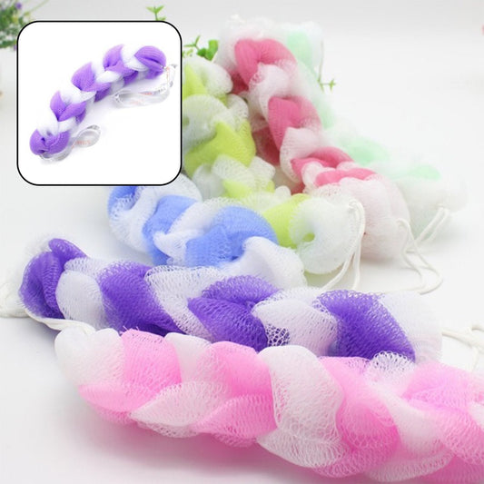 Set of 6 VelvaBloom Loofah Sponges hanging in a shower, ready for effective body scrubbing.