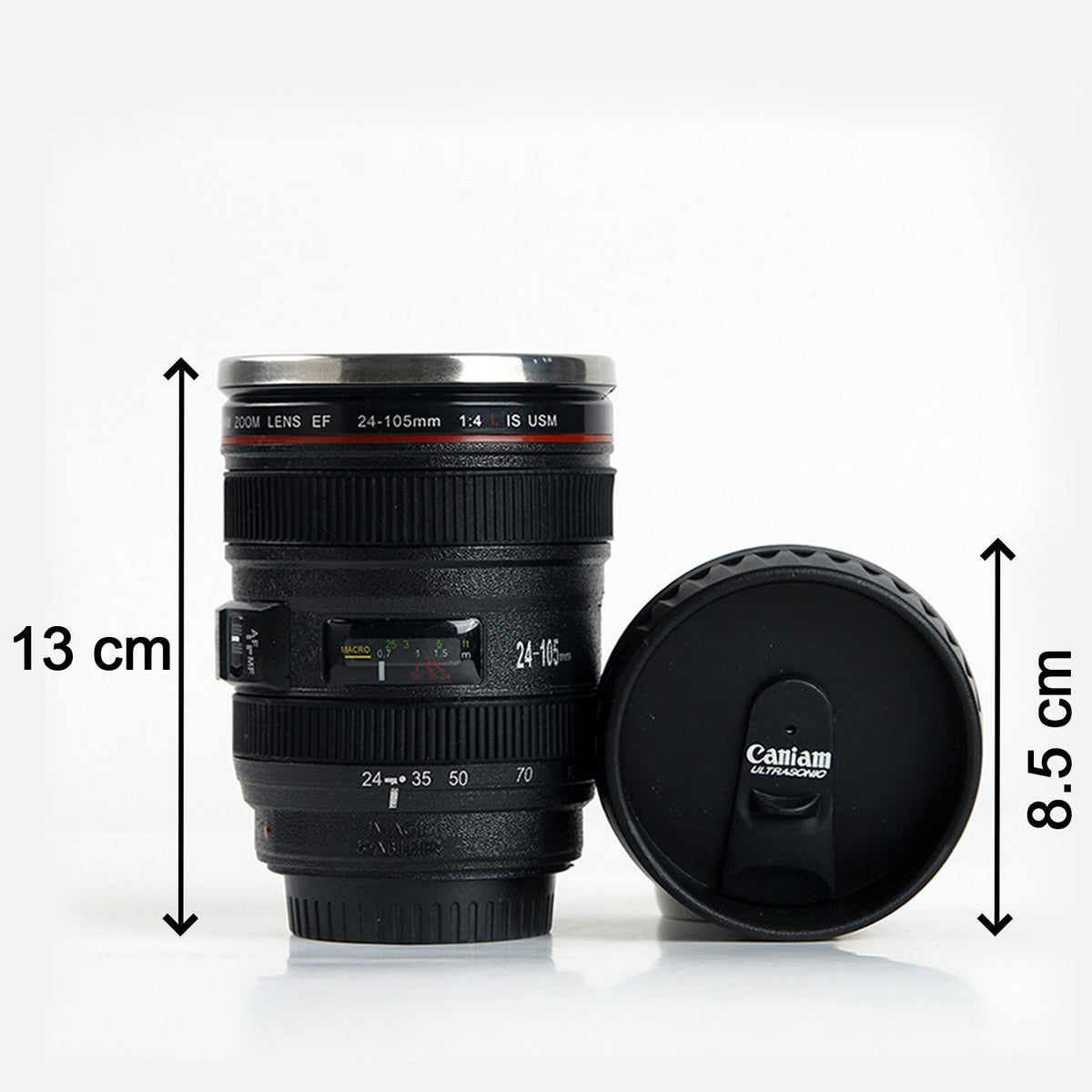Top-down view of the camera lens mug, showing the sipping hole on the lid.