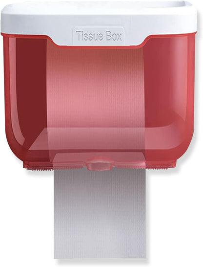 Close-up of the waterproof tissue dispenser, demonstrating its robust build and practical phone shelf.