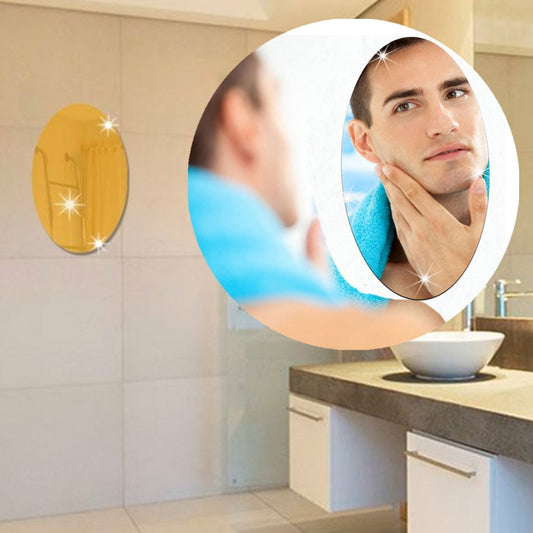 Oval self-adhesive bathroom mirror sticker on a tiled wall.