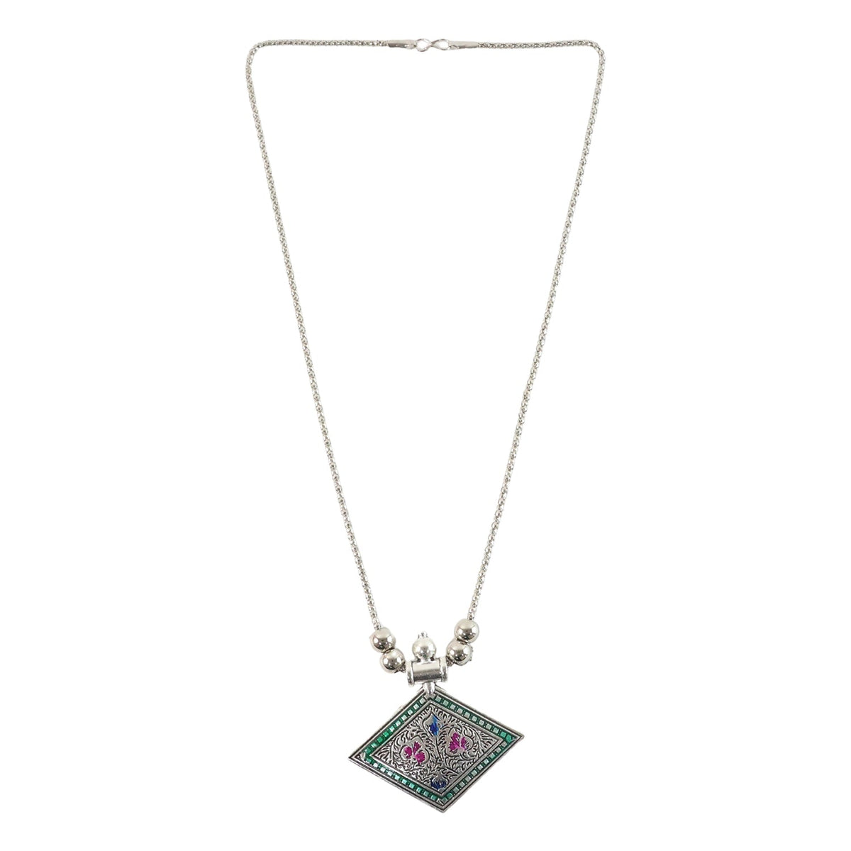 Beaded chain of oxidised silver pendant necklace complementing elegant ethnic style