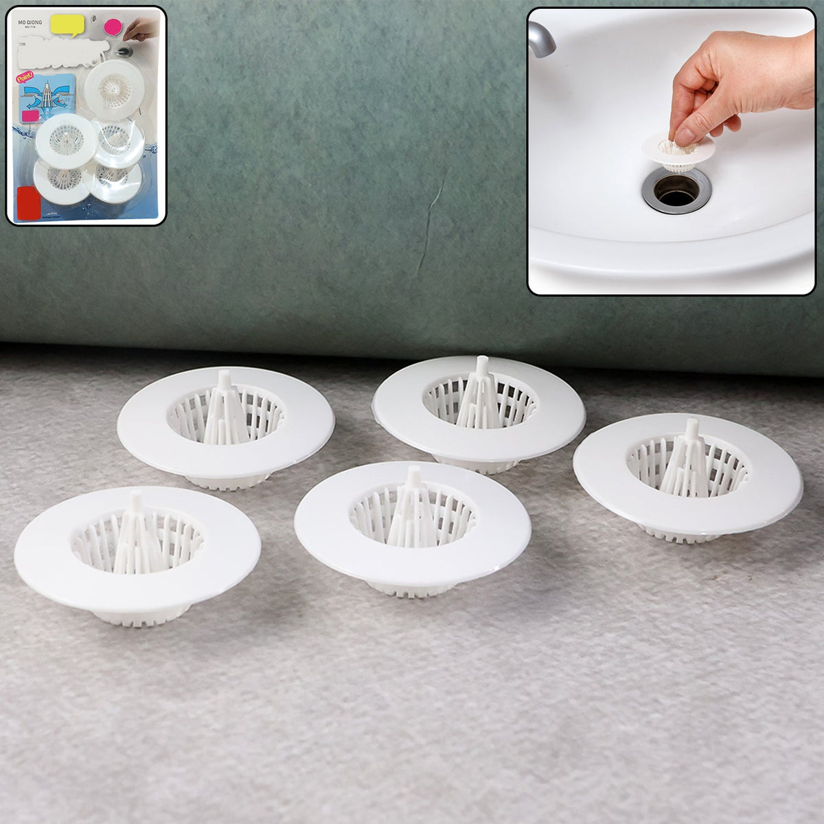White plastic sink drain hair catcher filter capturing debris