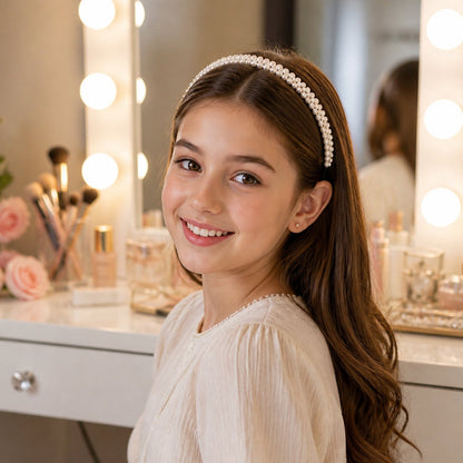 Close-up of white pearl hairband for women, stylish accessory