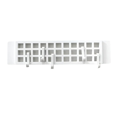 White plastic hanger hook displayed in a modern bathroom setting, holding towels.