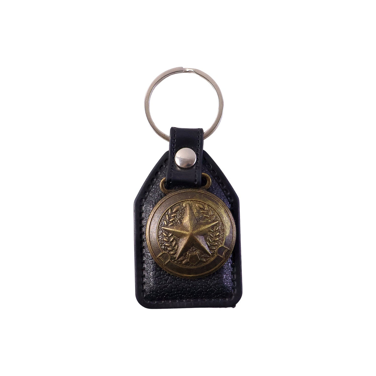Metal star emblem keychain attached to a keyring for car keys