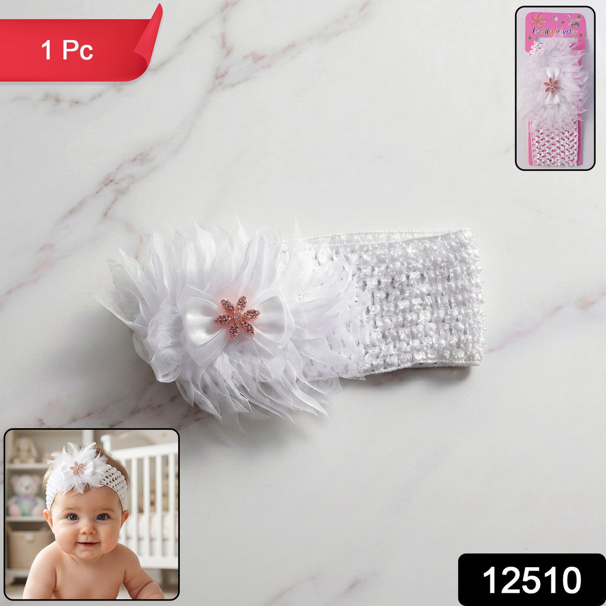 Close-up of elastic floral headband on infant, emphasizing gentle fit and floral design